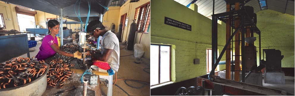 Left to right: Youth working in a manufacturing unit in Kuthambakkam, Tamil Nadu; grain processing mills amongst other applications customarily considered reserved for large-scale industry.